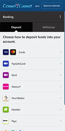 cosmo casino payment methods
